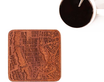 Manhattan / Brooklyn map coaster, One piece, Sapele wooden coaster with city map, Multiple city optional, IDEAL GIFTS