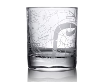 London / Oxford, England / Liverpool map whiskey glass, 10.5 oz Etching Glass