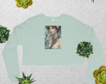 Dusty blue-green Crop Sweatshirt with antique portrait