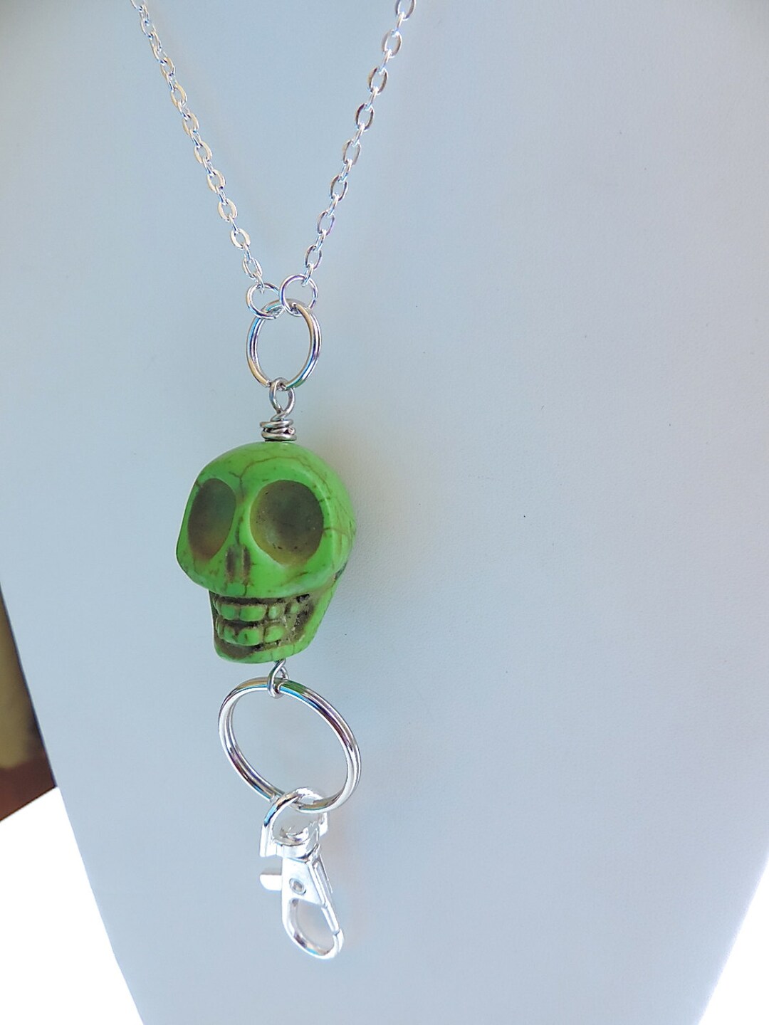 Silver ID Badge Holder Turquoise Green Big Head Skull Id Etsy