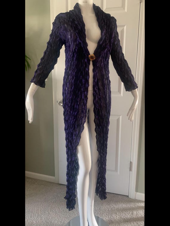 Romeo Gigli, Romeo Gigli vintage 1996 unworn coat dress in crinkled iridescent purple fabric, long sleeved, floor length