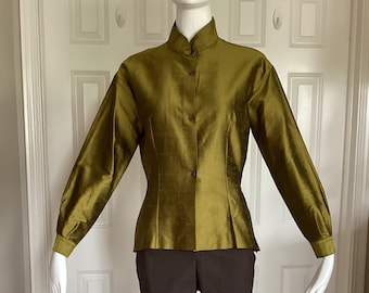 Romeo Gigli for Callaghan, vintage 1992, avocado green blouse, long sleeves, mandarin collar, sz 10