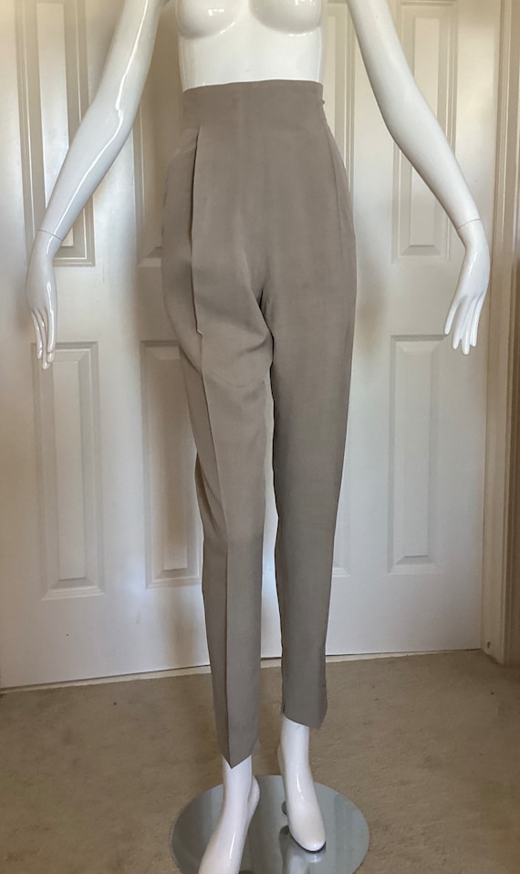 Romeo Gigli, Romeo Gigli vintage 1992 iconic high waist trouser, size I44, USA 10, beige with side slit hems, rear and front bound pockets, front flat pl