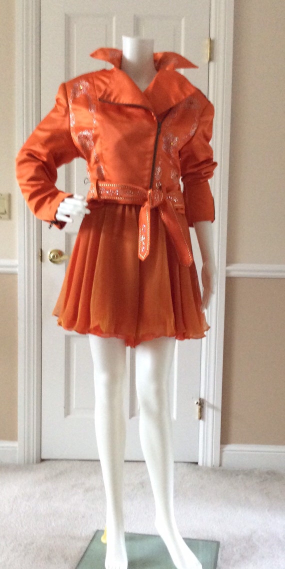 Orange silk rhinestone encrusted lined moto jacket