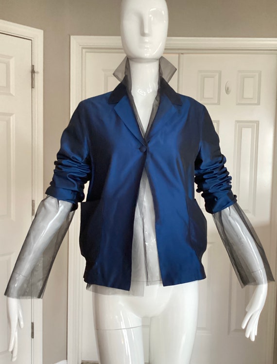Romeo Gigli, Romeo Gigli vintage 1995, unworn iridescent turquoise blue jacket, lined in black tulle, Sz 8 USA
