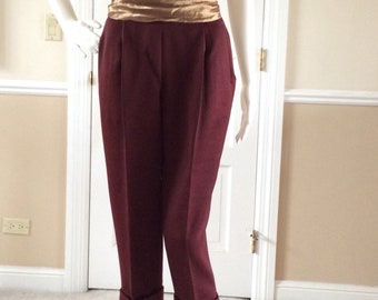 Romeo Gigli vintage 1993 - wool and angora - burgundy -  Size 42 Italian, USA 8, - high waisted sculptural capri pant with cuffs