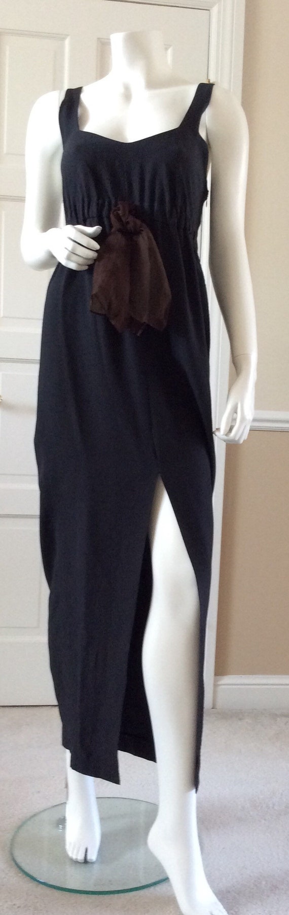 Vintage Romeo Gigli 1996 Black Plisse' Long Dress, Empire Style, Size I46, with Crinkle Silk Tie.
