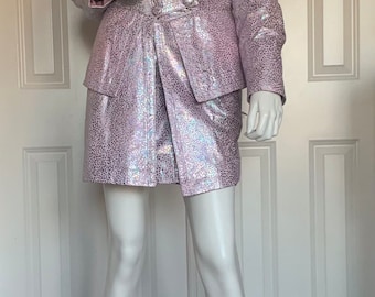 Falda y chaqueta de cuero rosa Zora con estampado de lunares abstractos iridiscentes metálicos, vintage 1978, diseñador israelí, Sz 10