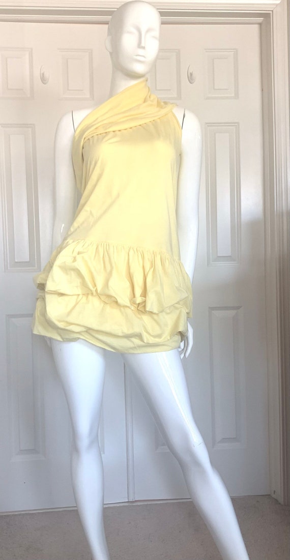 Romeo Gigli, Romeo Gigli for Callaghan, vintage 1989, unworn, yellow cotton double layer knit dress, off shoulder, layered ruffles, long or short, Sz 8