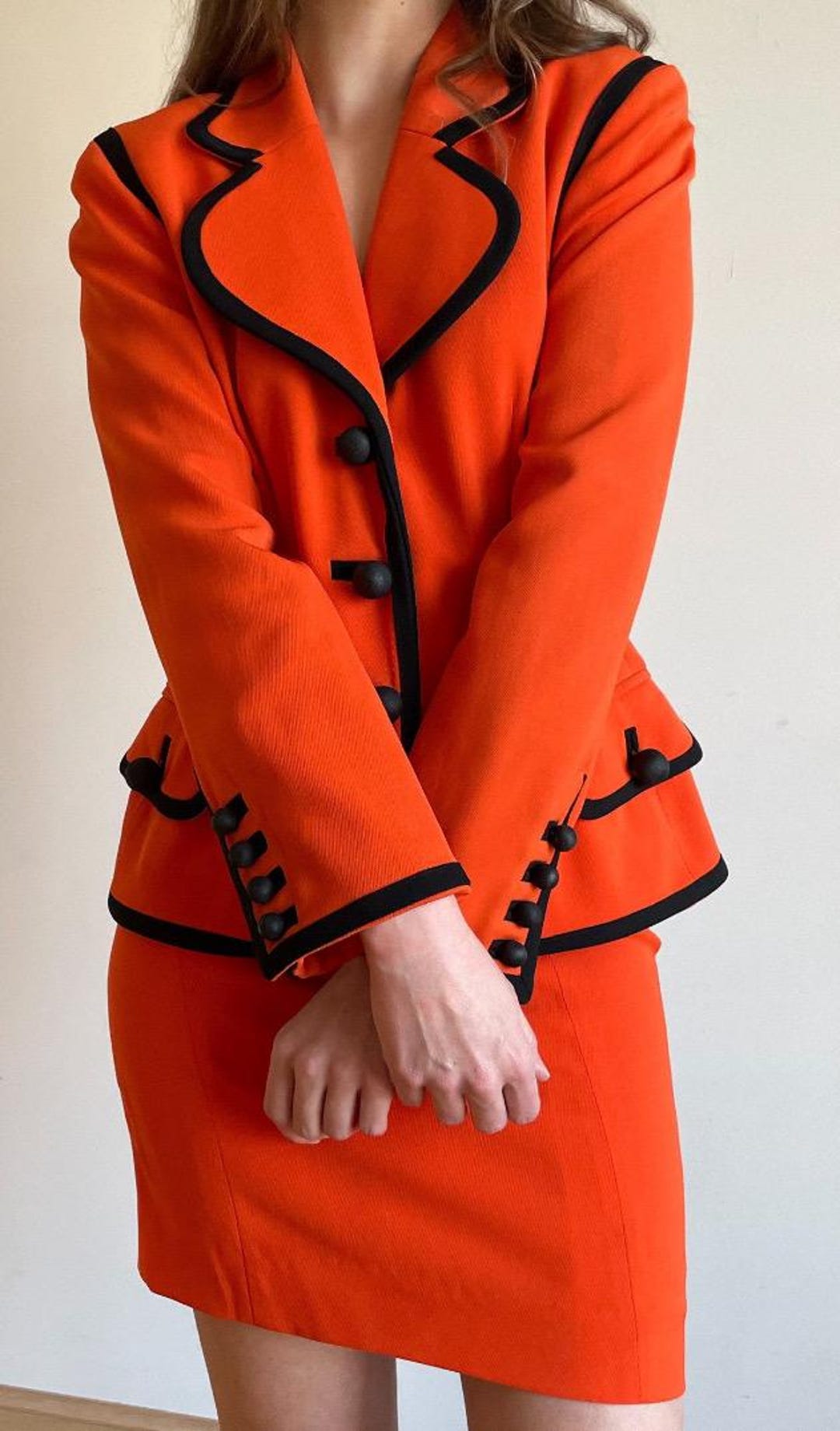 Moschino Couture Orange Skirt Suit With Black Edging Vintage 1989