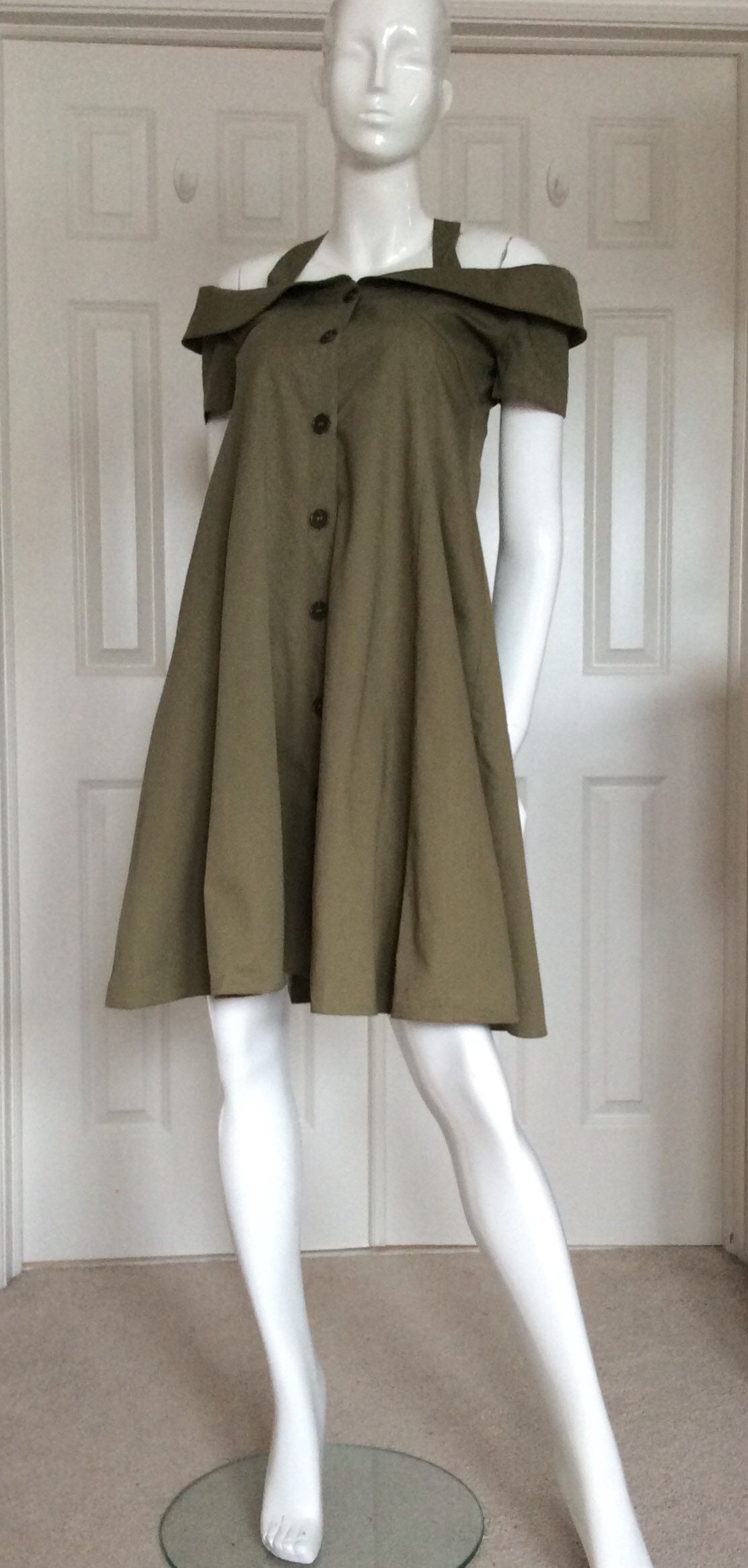 Fendi Vintage 1990 Cotton Gabardine Patio Dress in Army Green, off Shoulder  Collar With Halter Neck, Size I42, USA 8