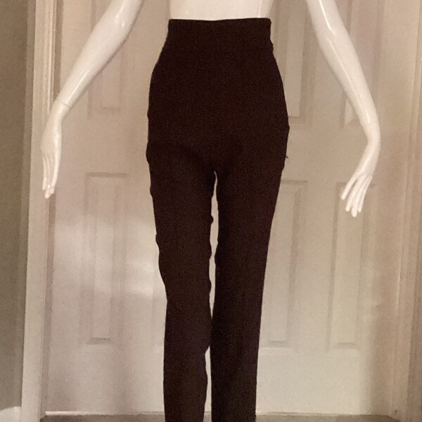 Romeo Gigli vintage 1991 Gigli line trouser, unlined, high waist, brown linen, Lycra and poly, size I44, side pockets, front stitched seam