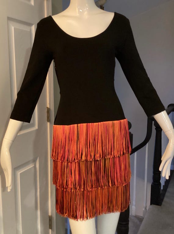 Alberta Ferretti, Alberta Ferretti Studio black mini dress, vintage 1992, unworn, with orange and red fringe over skirt, size 8USA, I42
