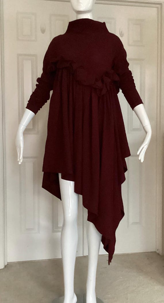 Romeo Gigli, Romeo Gigli vintage 1991 burgundy dress with side slits and ruffles unde4 bustline, sz44