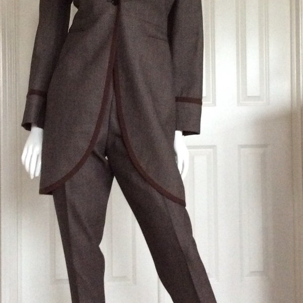 Romeo Gigli vintage 1992 three piece pantsuit, size 44 Italian, unworn, vest, high waisted cuffed pant, and long lined coat, brown wool.