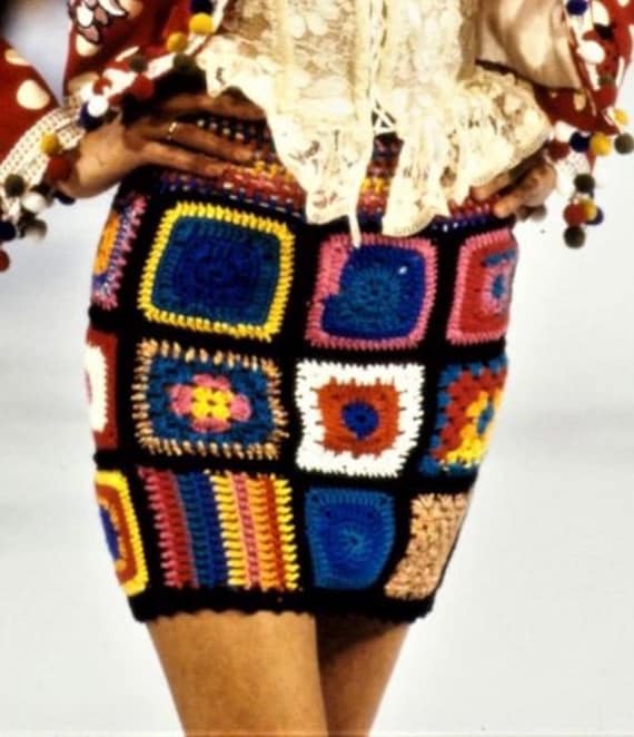 Moschino Couture Vintage 1984 Crochet Granny Square Skirt in Multi