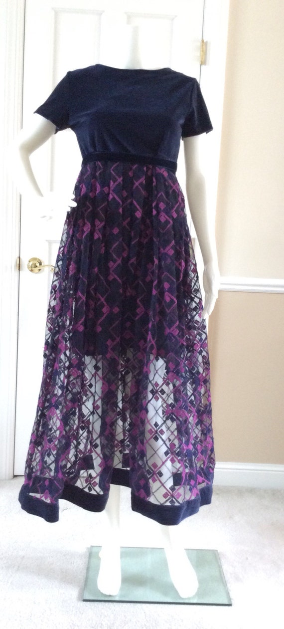 Romeo Gigli, Romeo Gigli “G”, vintage 1992, navy blue velvet bodice with embroidered netting skirt dress in size 10 USA, Italian 44