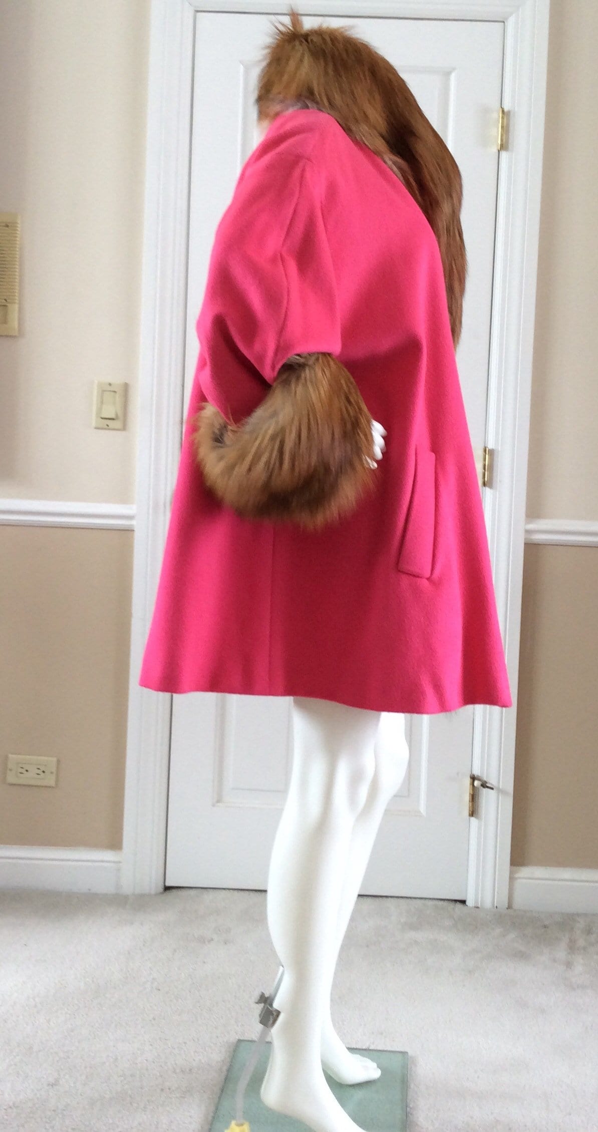 Vintage Christian Lacroix Hot Pink Cashmere Coat With Red Fox Trim
