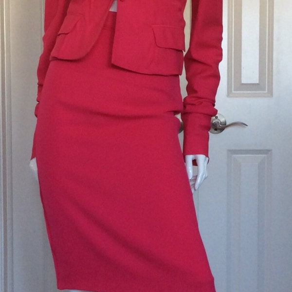 Yves Saint Laurent vintage late 1990s hot pink silk midi skirt suit with stitched in puckering, Sz 10, tags on, unworn.