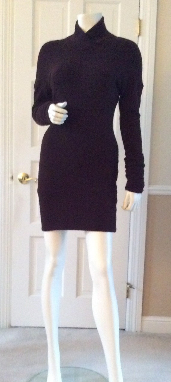 Romeo Gigli, Romeo Gigli for Callaghan, vintage 1989 dark burgundy knit dress, with elasticized hem for various lengths, Sz 8, ruched sleeves