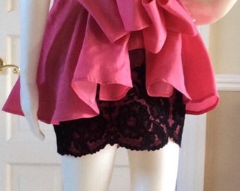 Christian Lacroix Luxe vintage 1988 hot pink silk gazar strapless dress with black lace skirt and bra-bodice and giant back bow, unworn.