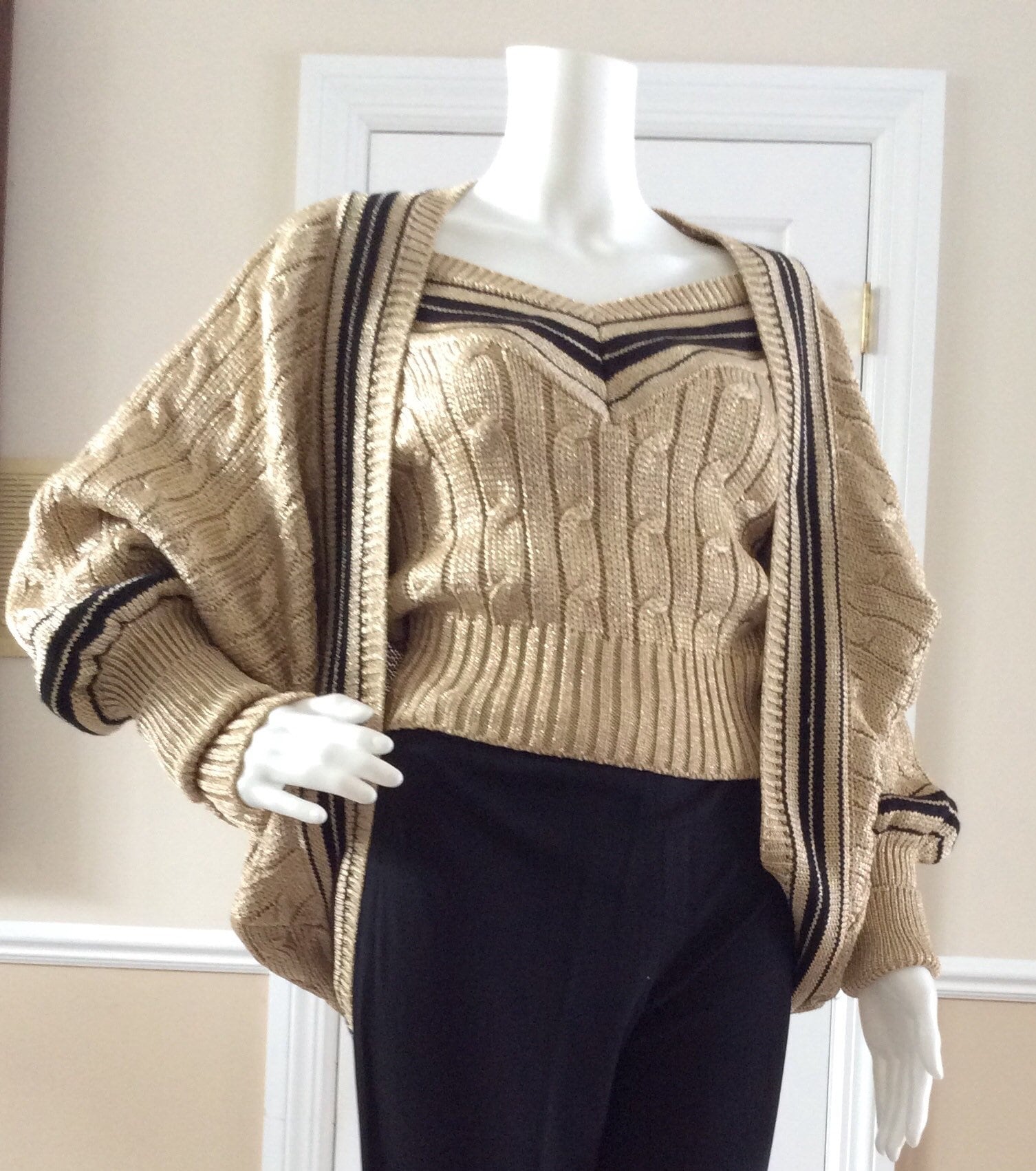 Vintage 1989 Unworn Gold Lame Knit Twin Set by Moschino Couture
