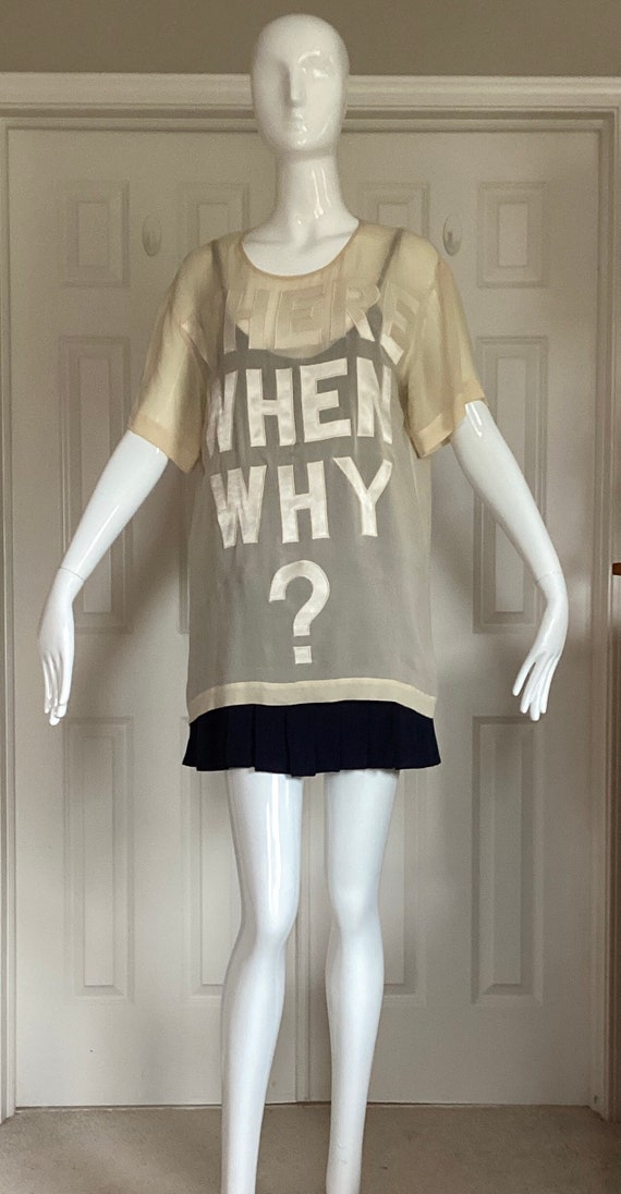 Moschino Couture Vintage 1991, unworn, size 8, ivory translucent tunic, reporters’ questions of WHERE, WHEN, WHY