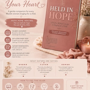 May include: A dusty rose-colored book titled Held in Hope: A Muslim Woman's Guide to Waiting for a Child. The cover features white text, a small arch illustration, and floral accents. The book is displayed alongside a candle and dried flowers.