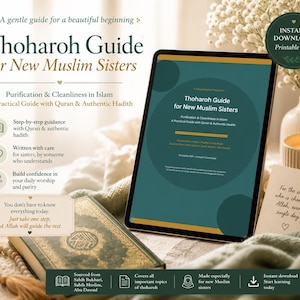 Puede incluir: Una tableta digital muestra la Thoharoh Guide for New Muslim Sisters, una guía práctica sobre purificación y limpieza en el Islam. La pantalla presenta texto, iconos y un fondo verde oscuro. Un Corán físico y cuentas de oración están cerca.