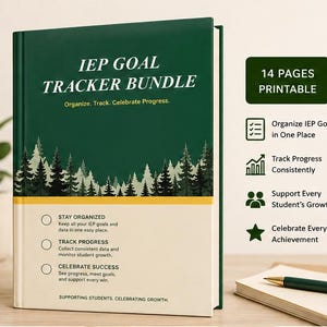 Puede incluir: Un libro IEP Goal Tracker Bundle en verde y crema con un gráfico de bosque. El texto de la portada dice IEP GOAL TRACKER BUNDLE, Organize. Track. Celebrate Progress. Incluye 14 páginas imprimibles, con iconos para organizar objetivos, seguir el progreso, apoyar el crecimiento y celebrar logros.