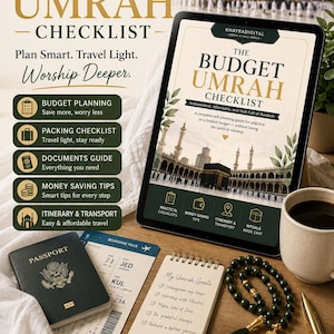 Lista kontrolna Umrah w formacie PDF | Przewodnik po Umrah do samodzielnego zaplanowania, lista rzeczy do spakowania i wskazówki dotyczące oszczędzania pieniędzy | Przystępny cenowo planer Umrah w Hajj | Natychmiastowe pobranie