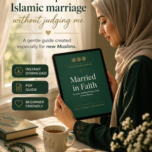 May include: A digital tablet displaying a dark green cover titled Married in Faith, an Islamic Wedding Planning Guide for New Muslims. The screen features gold text and decorative motifs. The guide is presented as an instant download PDF file.