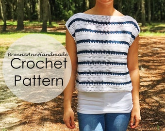 CROCHET PATTERN - The Striped Summer Tee, Instant Download PDF, Crocheted diy Easy-Intermediate Skill Level by BrennaAnnHandmade