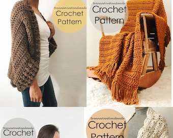 May include: Four crochet patterns for a cardigan, blanket, cowl, and scarf. The patterns are all in a neutral color palette and feature a variety of textures. Each pattern is labeled with the text "BrennaAnnHandmade Crochet Pattern".