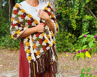 CROCHET PATTERN - The Autumn Leaves Shawl - Chunky Fringe Crochet Shawl / Wrap / Scarf, diy Pattern, Instant Download PDF