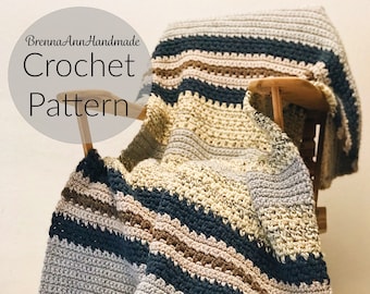 CROCHET PATTERN - The Seaside Blanket Instant Download PDF, Chunky Handmade Afghan, Striped Throw, diy, Easy Beginner, by BrennaAnnHandmade