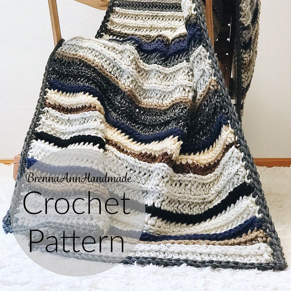 CROCHET PATTERN - The Lakeside Blanket Instant Download PDF, Chunky Handmade Afghan, Striped Throw, diy, Easy Beginner, by BrennaAnnHandmade