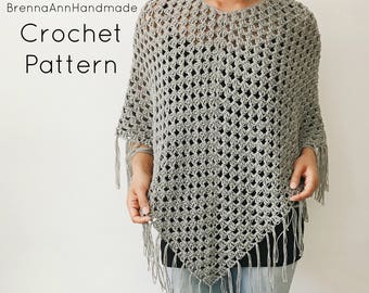 CROCHET PATTERN - The Wildflower Poncho, Crocheted Lightweight Fringe Shawl, Beginner / Intermediate DIY Easy Pattern by BrennaAnnHandmade