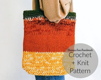 May include: A crochet and knit tote bag with a green, orange, and yellow striped design. The bag has a crocheted strap and is being held by a person wearing a brown sweater and blue jeans. The text "BrennaAnnHandmade Crochet + Knit Pattern" is visible in the image.