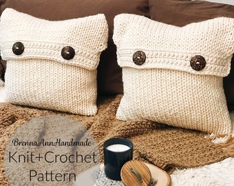 KNITTING + CROCHET PATTERN - The Buttoned-Up Pillow Cover, Instant Download pdf, diy Easy-Intermediate Skill Level by BrennaAnnHandmade