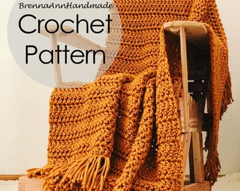 CROCHET PATTERN - The Golden Hour Blanket Instant Download PDF, Chunky Handmade Afghan, Fringe Throw, diy, Beginner, by BrennaAnnHandmade