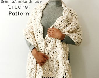 CROCHET PATTERN - The Seashell Shawl - Chunky Scalloped Fringe Crochet Shawl / Wrap / Scarf, diy Pattern, Instant Download PDF