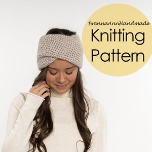 May include: A close-up of a woman wearing a light brown knitted headband. The headband is folded over at the top and has a simple stitch pattern. The text "BrennaAnnHandmade Knitting Pattern" is visible in the background.