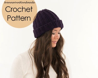 CROCHET PATTERN - The Aubergine Hat, Crocheted Ribbed Slouchy Beanie, Touque, Beginner DIY Easy Cozy Chunky Hat