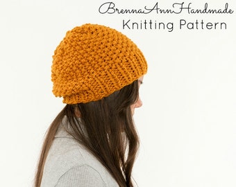 KNITTING PATTERN - Textured Slouchy Knit Hat Pattern, Classic Beanie Instant Download Knitting, DIY Easy Beginner Toque