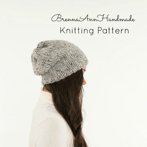 KNITTING PATTERN - Simple Slouchy Knit Hat Pattern, Classic Beanie Instant Download Knitting, DIY Easy Beginner Toque