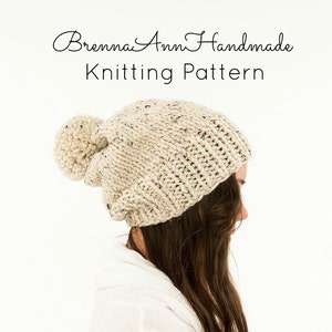 KNITTING PATTERN - Classic Slouchy Knit Pom Pom Hat Pattern, Beanie Instant Download Knitting, DIY Easy Beginner Toque