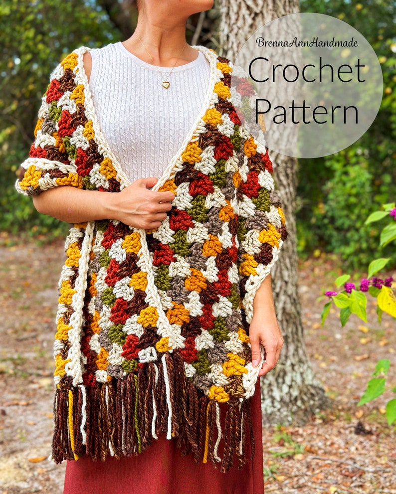 CROCHET PATTERN The Autumn Leaves Shawl Chunky Fringe Crochet Shawl / Wrap / Scarf, diy Pattern, Instant Download PDF image 2