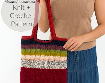 May include: A striped knitted tote bag with a red, green, and blue color scheme. The bag has a crocheted handle and is being held by a person wearing a brown tank top and a blue denim skirt. The text "BrennaAnnHandmade Knit + Crochet Pattern" is visible in the image.