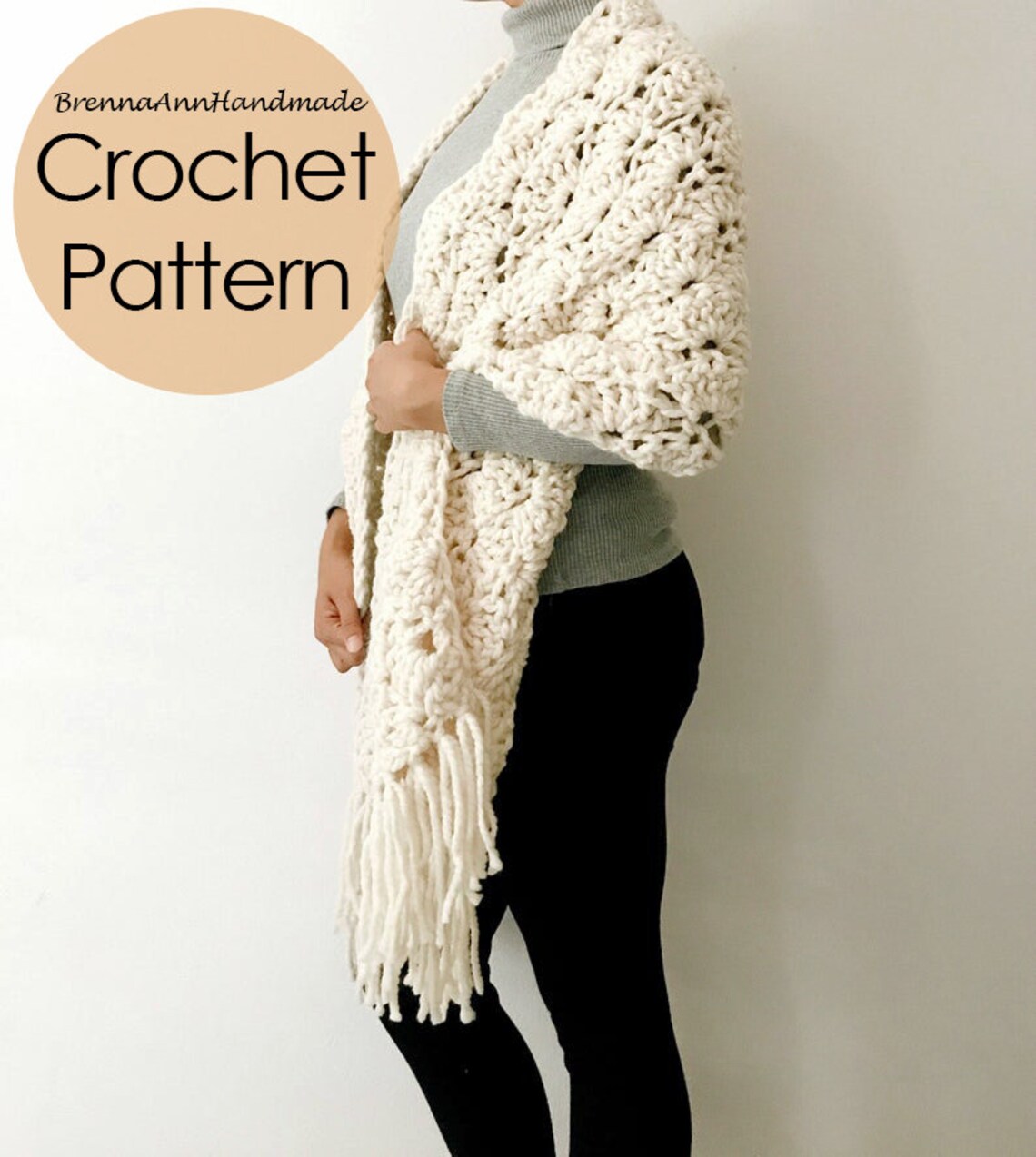 Seashell Scarf Pattern CROCHET PATTERN - the Seashell Shawl - Chunky Scalloped Fringe Crochet ...